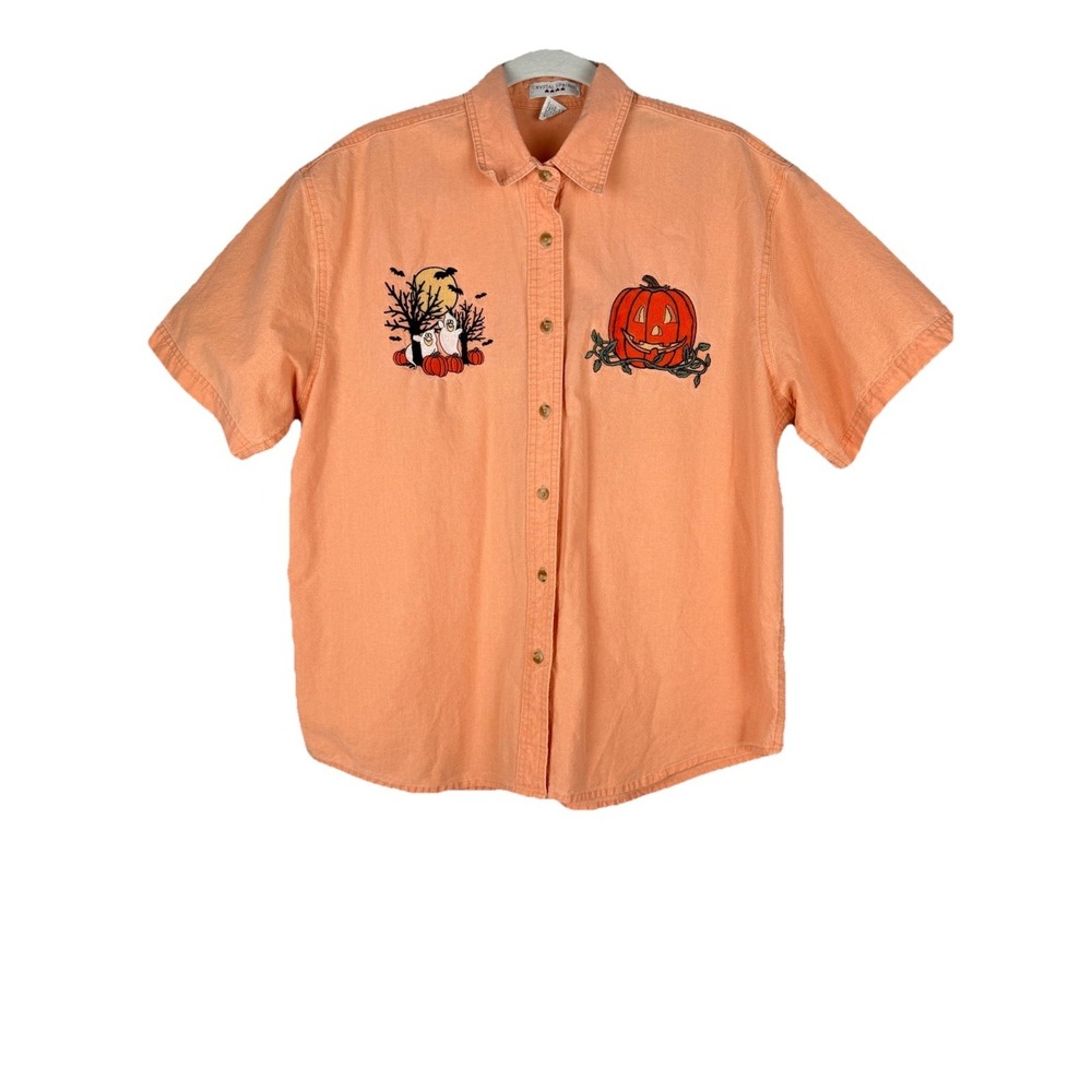 Vtg Crystal Springs Button up Shirt Womens Large Halloween Ghost Pumpkin Holiday